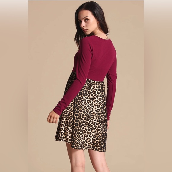 Casual T-Shirt Dress with Pockets Stretchy Long Sleeve Wine & Leopard Print XXL - Picture 3 of 9